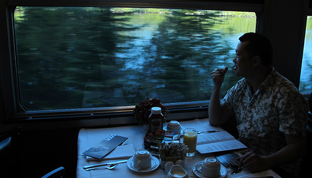 Author Joseph Lopez takes a nibble during the trip.