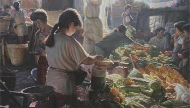 Edgardo Lantin’s 2004 painting “Vegetable Vendor” depicts a Philippine market scene.