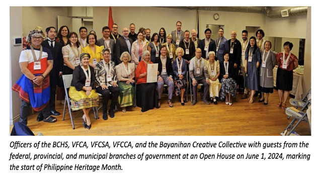 Officers of the BCHS, VFCA, VFCSA, VFCCA, and the Bayanihan Creative Collective with guests from the federal, provincial, and municipal branches of government at an Open House on June 1, 2024, marking the start of Philippine Heritage Month.