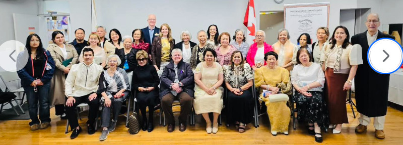 Members of the Filipino community in Victoria, including the presidents of the Victoria Filipino Canadian Association, the Victoria Filipino Canadian Seniors Association, the Bayanihan Cultural and Housing Society, and the Victoria Caregivers Association pose with City of Victoria Mayor Marianne Alto and Philippine Consul General Gina Jamoralin (centre) at the program marking the 25th anniversary of the Bayanihan Community Centre.